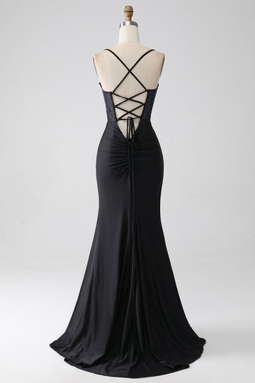 Black Mermaid Spaghetti Straps Long Corset Ball Dress With Beading